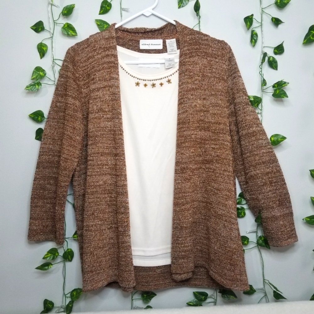 Alfred Dunner Brown Marled Open Front Cardigan 3/4 Sleeve Twin Set Beade…